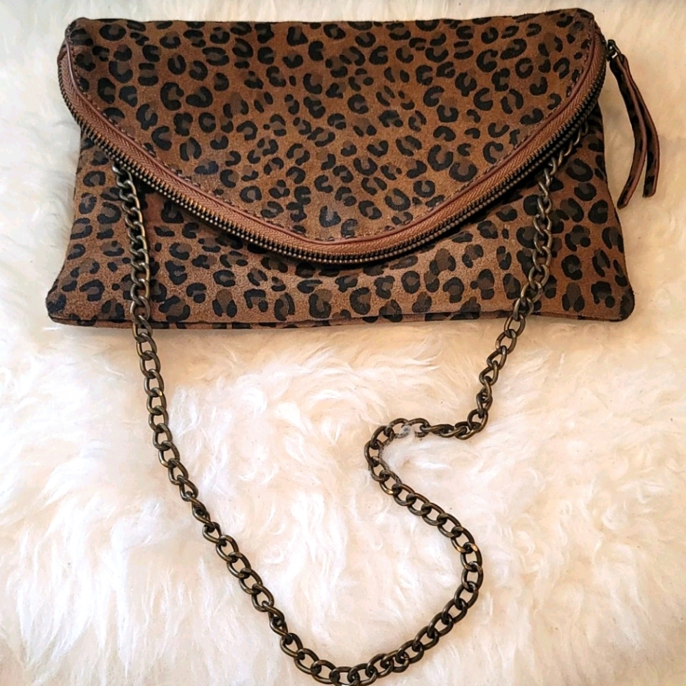 J. Crew Leather leopard print invitation clutch